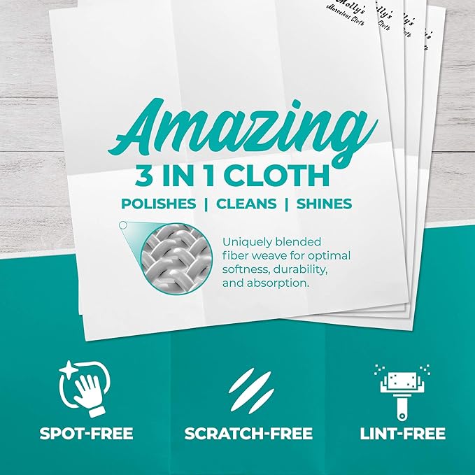 Molly's Marvelous Cloth, Streak-Free, Lint-Free Microfiber Cleaning Cloth, Polishing Cloth for Glass, Stainless Steel, Use for Kitchen, Bath, Cars, Detailing, Reusable (2pk, White)