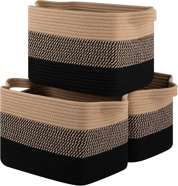 OIASKET Storage Basket for Organizing, Woven Baskets for Storage, Rectangle Decorative Baskets for Shleves, Closet, Toys, Books, Nursery Organizer Bins - Pack of 3 (Black & Brown, 13"x9.85"x8.7")