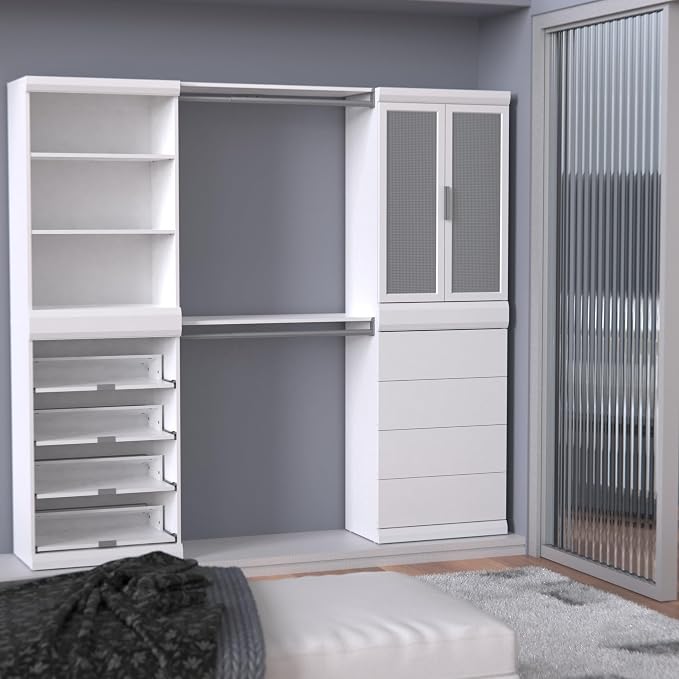 ClosetMaid Mosaics Storage Organizer Kit Includes; (1) Shelf & Door Unit, (1) 3-Shelf Unit, (1) Shoe Shelf Unit, (1) 4-Drawer Unit, and (2) Shelf & Rod Units, White
