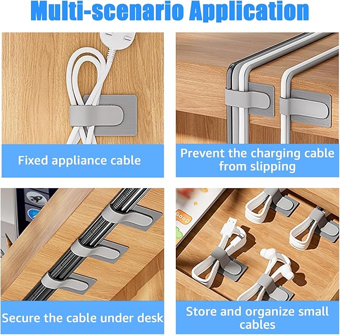 80PCS Hook and Loop Cable Ties, Under Desk Cable Management, Adhesive Cable Straps, Cord Management Hider Idea, Cord Organizer for Desk, Computer Accessories, Home Office Organization, Black+Gray