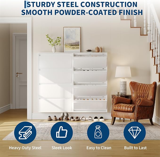 Garvee Slim Metal Shoe Cabinet with 4 Flip Drawers, Narrow Shoe Storage for Entryway, Wall Mounted or Floor Standing, Detachable Bottom Corners for Flexible Placement, Anti-Tip Safety Wall Mount