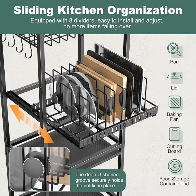 Housolution 5 Tier Kitchen Storage Cart with Fruit Basket Pot Lid Organizer | Versatile Storage, Pull-Out Cutting Board Rack, 4 Lockable Swivel Wheels, Wooden Top, for Kitchen, Pantry, Bathroom, Black