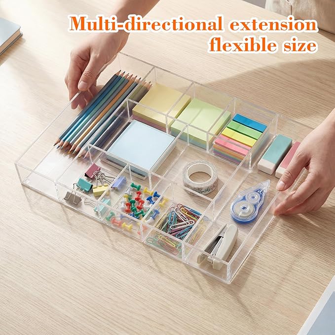 Large Acrylic Desk Deep Drawer Organizer with Adjustable Dividers, Anti-skip Clear Desk Top Junk Drawer Storage Tray for Pens, Desktop, Office, Bathroom, Kitchen, Makeup Supplies(10 Compartments)