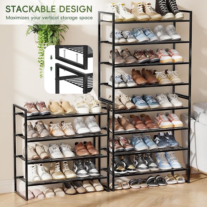 4 Tier Shoe Rack for Closet, 27 Inch Long Square Shoe Storage Organizer for Shelves, Heavy Duty Metal, Easy Assembly Stackable, Black