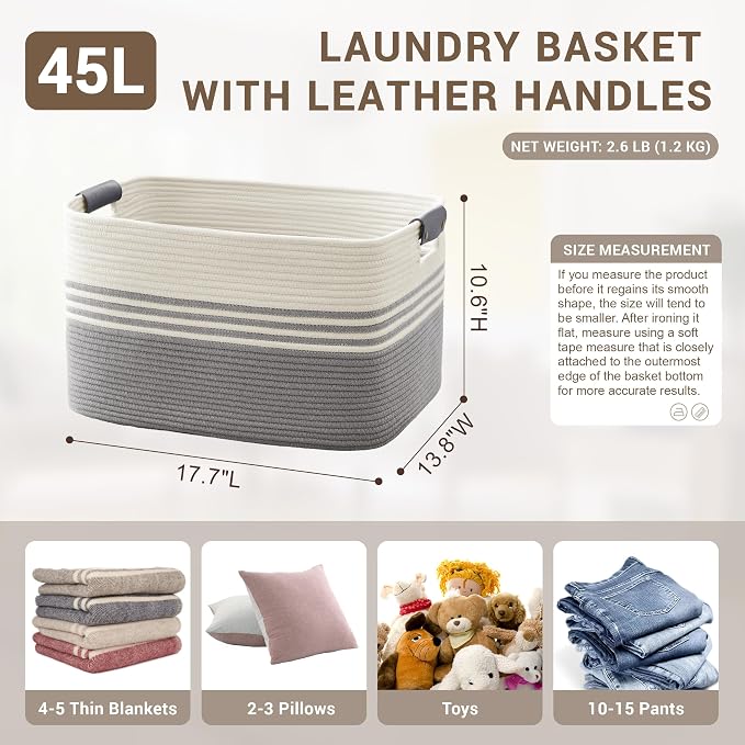 45L Small Woven Laundry Basket Hamper with Leather Handles,Grey | 18"x14"x11", collapsible wicker hamper, storage for dirty clothes, toys, blankets, gifts, living room, bedroom, bathroom