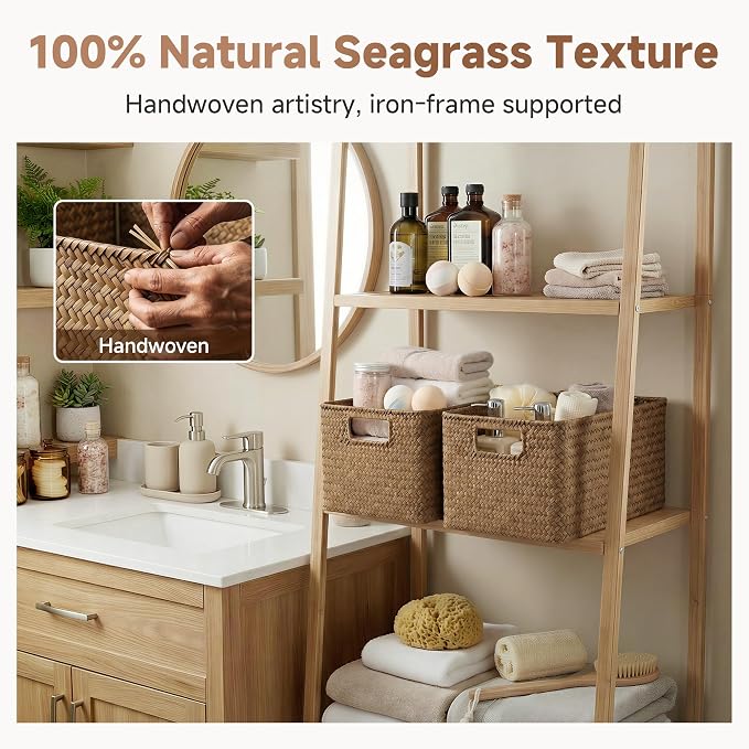 StorageWorks Large Wicker Baskets for Storage, Woven Baskets for Shelves | Seagrass, Pantry, Laundry, Bathroom, Kitchen Closet, Table, Decorative, Book, Towel, Magazine, Toy, Food, Rattan, Medium, Big