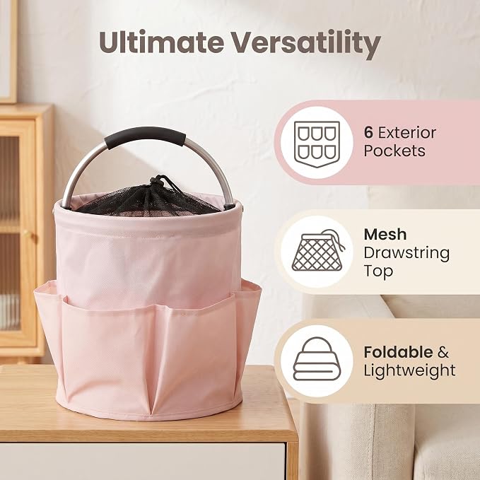 Pink Cleaning Caddy with Handle & Drawstring Top, 17L Foldable | Waterproof 600D Oxford Utility Caddy with 6 Pockets, Collapsible Cleaning Basket for Home, Garden, Dorm, Shower, Bathroom