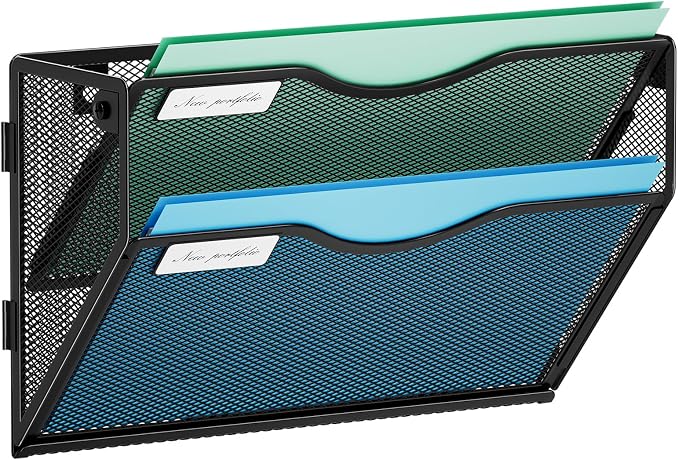Marbrasse Wall File Holder 2-Tier Hanging Wall File Organizer, Mesh Mail Holder for Papers, Wall Mount File Clipboard & Magazine Organizer Great for Office Home (Black)