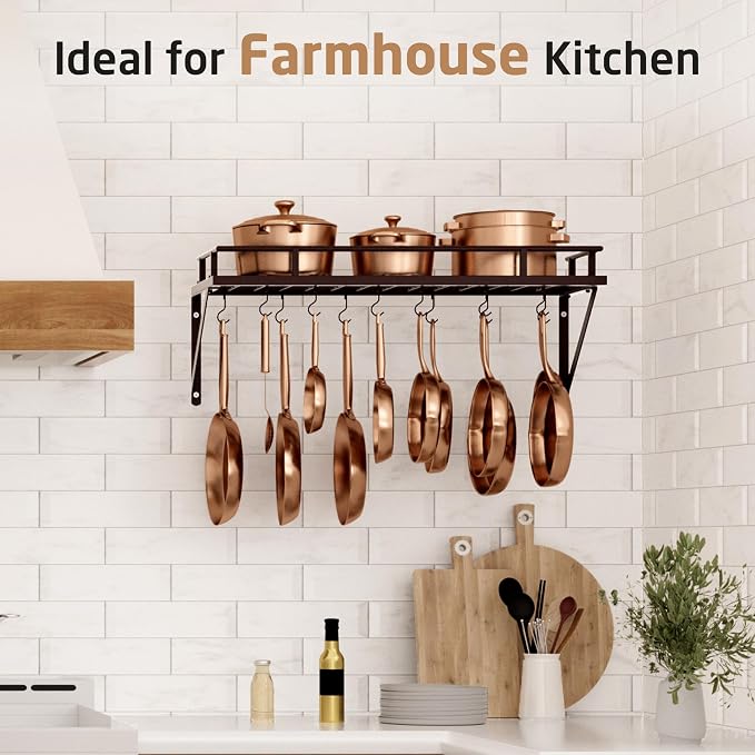 KES 30-Inch Wall Pot Rack, Oil Bronze, 88lb Capacity, 12 Hooks, Farmhouse | Cast Iron Pots and Pans Organizer, Reinforced Grid Shelf, Stud Mounting, Indoor Kitchen Organizer