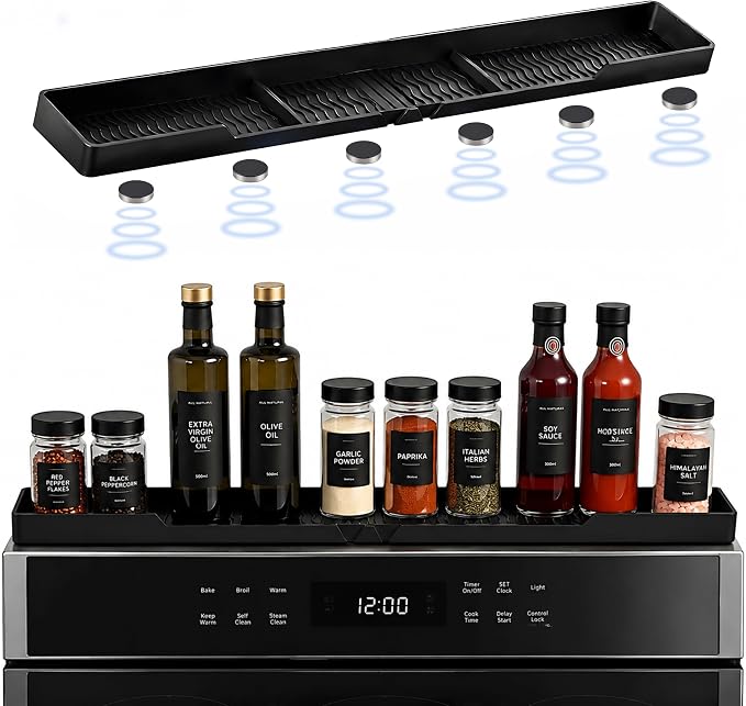 30 Inch Magnetic Stove Top Shelf, Over the Stove Spice Rack Organizer, Black | Heat Resistant Silicone, No Drill Installation, Anti-Slip, For Gas & Electric Stoves