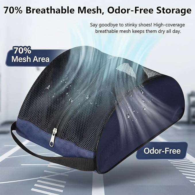 Golf Shoe Bag with Full Top Mesh Ventilation, Zippered Sports Shoe Carrier for Travel, Fits up to Size 13 Men Women (Navy)