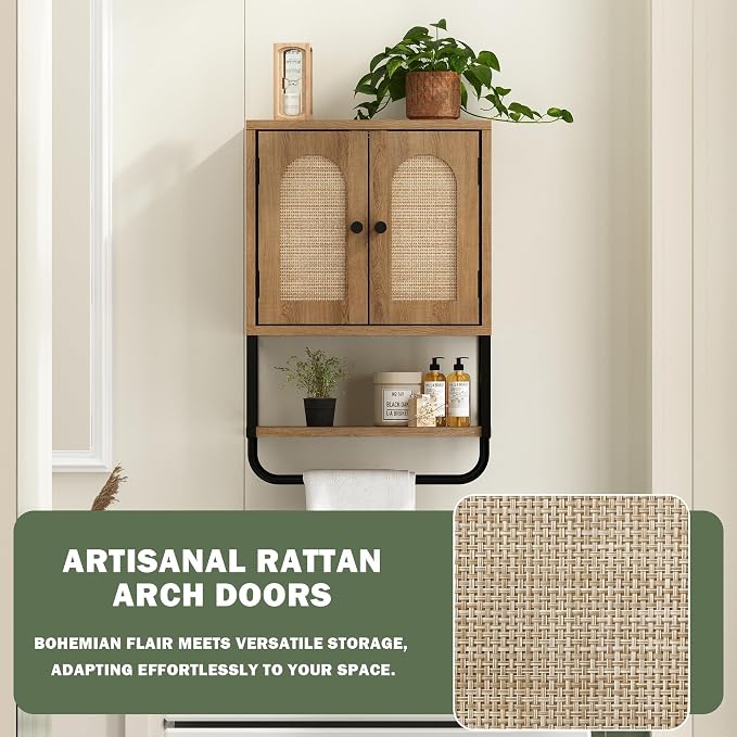 RUSTOWN Rattan Bathroom Wall Cabinet, Boho Over The Toilet Storage Cabinet | Arched Rattan Doors, Modern Medicine Cabinet, Adjustable Shelves, Towel Bar, Rustic Oak
