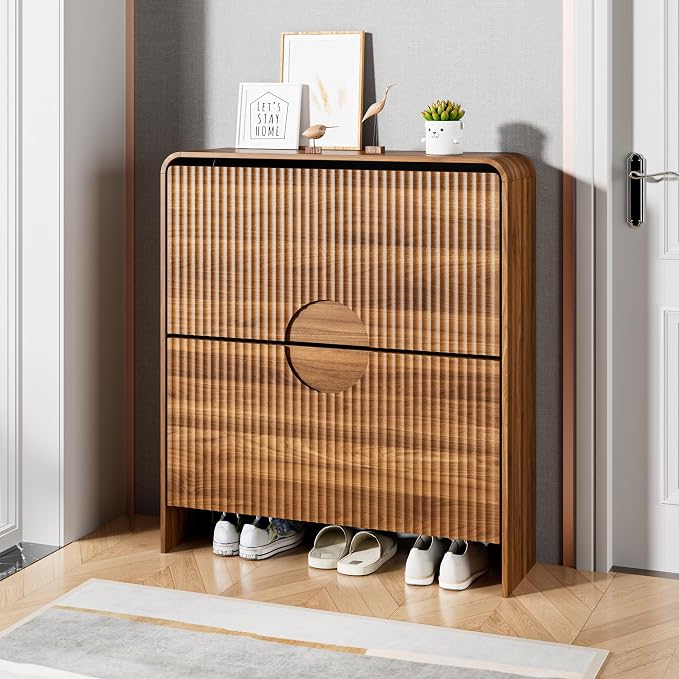 Slim Shoe Storage Cabinet for Entryway, Narrow Shoe Cabinet with 2 Tier Flip Drawers Doors, Fluted Hidden Shoe Rack Organizer for Entrance, Entry Way, Foyer, Hallway, Walnut