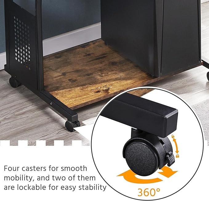 Topeakmart 3 Tiers Rolling Computer Desk with Power Outlet and USB Ports for Space Saving, Home Office Desk with Keyboard Tray and Printer Shelf on Wheels, Laptop PC Workstation Table, Rustic Brown