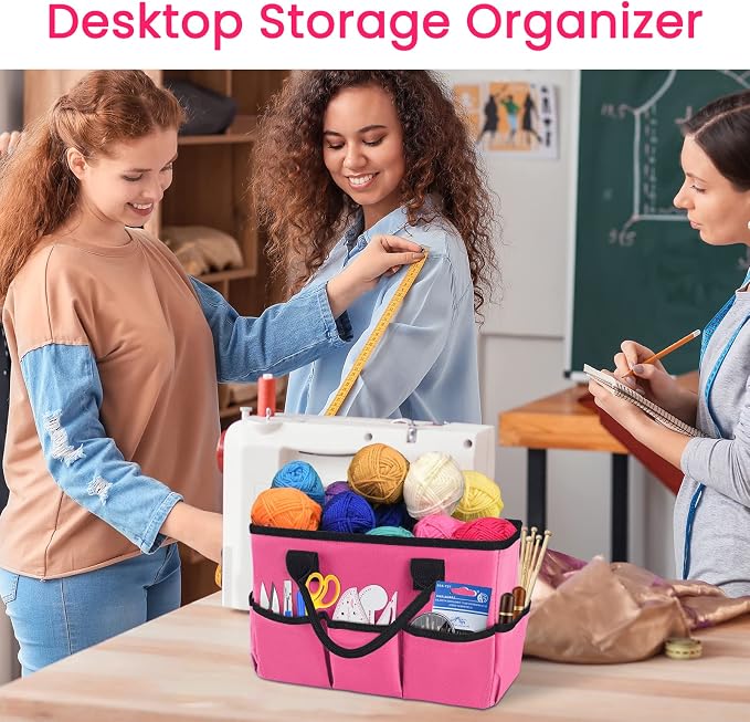Desktop Tote and Organizer, Teacher Helper Caddy Bag for Arts, Books, Stationery, Office Desk Organization, Make-up Storage with Handles for Travel, Pink