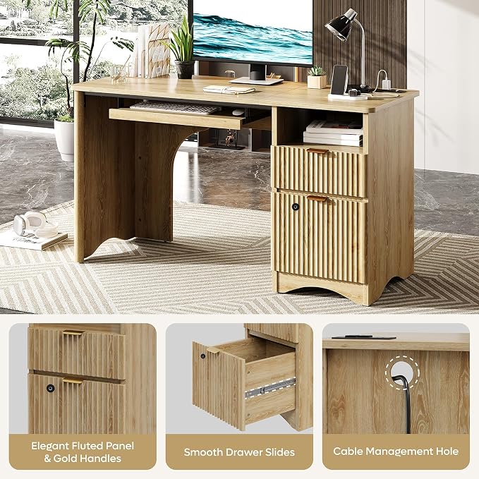Bestier 55" Desk with Fingerprint Lock & Charging, Keyboard Tray, Oak | Partitioned Storage & Cable Management,Oak,Easy Assembly,Fingerprint Drawer Lock,Wear-Resistant Easy-Clean Desktop & Drawers