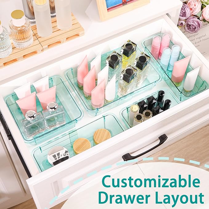 8 Pcs Mixed Extendable Clear Drawer Organizer, All Adjustable Vanity Storage Box, 4-Size Desk Drawer Organizer, Acrylic Storage Bins for Makeup, Bedroom Dressers Tool Organizer for Gadgets, Blue
