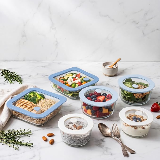 Urban Green Glass Food Container Set with Silicone Glass Lid, Square & Round Shape, 6 Pack, Airtight, LeakProof, 100% Plastic Free, Meal Prep Food Storage Containers, Blue & White Color