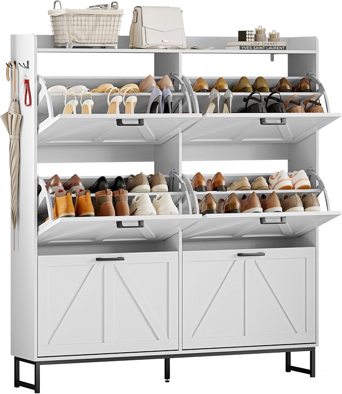 Wodeer Shoe Cabinet Storage for Entryway, Shoe Storage Cabinet with 6 Flip Drawers, Freestanding Narrow Shoe Rack Organizer with Metal Legs, Adjustable Shelves & Open Storage for Foyer, Hallway, White