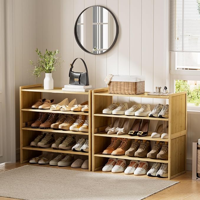 4 Tier Bamboo Shoe Rack, Tall Wood Shelf for Closet | 4 tiers maximize vertical space. 6.7in height fits boots. Great for living room, closet, balcony.