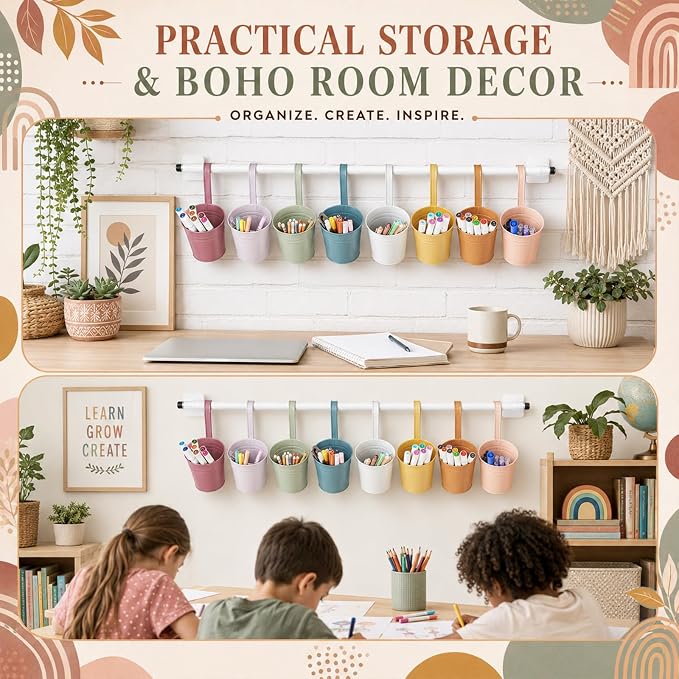 OBUSATT 8 PCS Boho Metal Pencil Holder with Pipes Back to School Hanging Iron Small Pails Colors Crayon Organizer First Day of School Boho wall pencil holderr for classroom Kids Crafts Party Favors