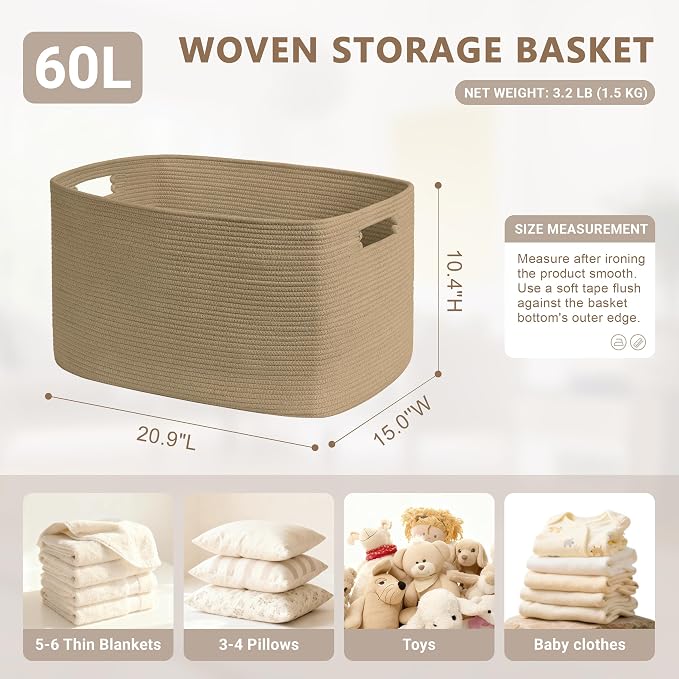 60L Woven Laundry Basket Hamper with Handles, Jute | 21"x15"x11", collapsible wicker hamper, storage for dirty clothes, toys, blankets, gifts, living room, bedroom, bathroom