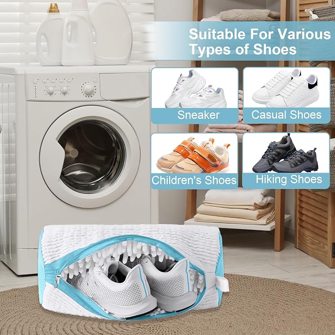 Shoe Washing Bag for Washing Machine, Fluffy Fibers Keep 360 Wrap-around Cleaning for All Types Shoe and Sizes, Laundry Shoe Bag for Washer and Dryer, Reusable Shoe Cleaning Bag for Sneaker