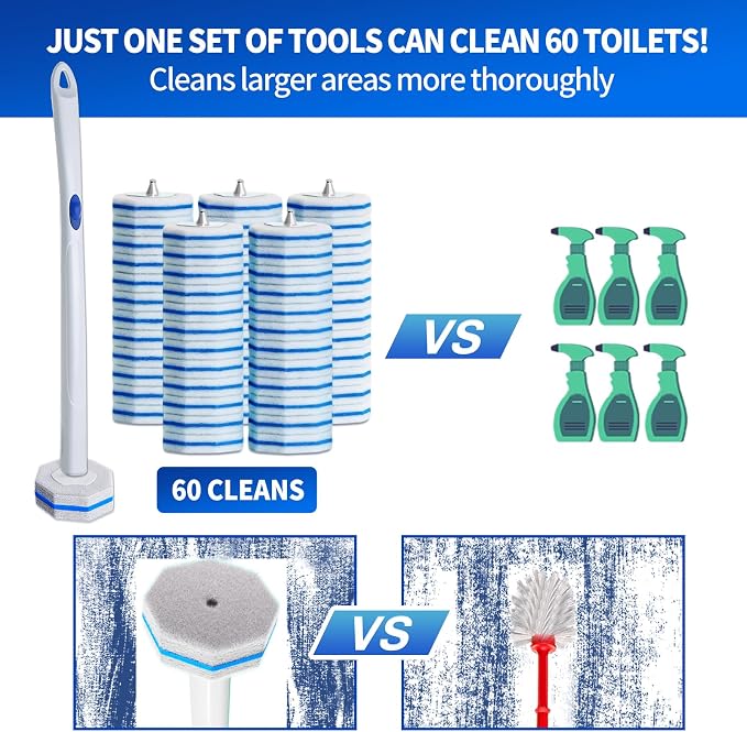 Disposable Toilet Brush Set with 60 Replacement Heads, Toilet Cleaning Replacement Pads, Starter Kit with Storage Case for Deep Cleaning and Hygienic Bathroom Maintenance