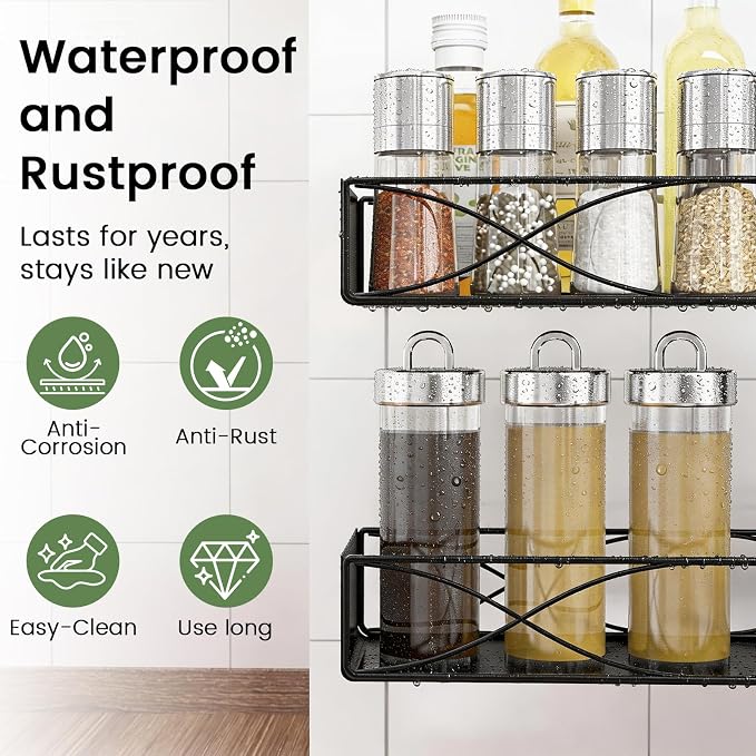 MIXOO Spice Rack Organizer Tension Pole, 4-Tier Adjustable Spice Organizer | 16.5-23.6 Inch, Seasoning Organizer for Countertop, Space-Saving Spice Storage Corner Shelf for Kitchen, Coffee Area,No Drill