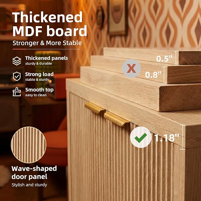 Shoe Cabinet, 5-Tier and 3 Doors Shoe Storage Cabinets with Fluted Doors and Adjustable Shelves, Thickened Wood Freestanding for Entryway, Hallway, Closet, Organizer Rack, Natural Oak JBSC002N