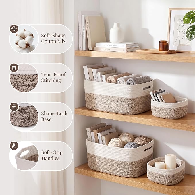 5-Pack Large Woven Rope Storage Baskets, 2 Sizes Organizer Bins | Fabric Cube Boxes and Rectangular Shallow Bins for Closet, Shelf, Bookshelf, Nursery, Changing Table, Bathroom, Toys & Home