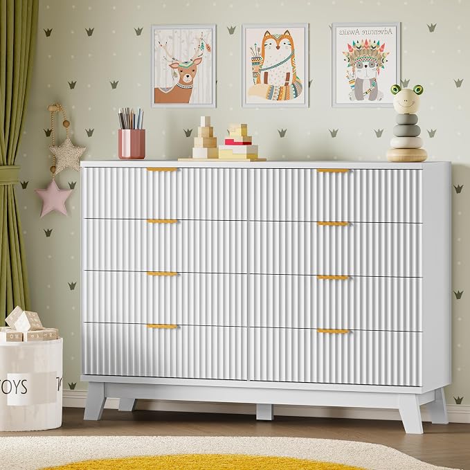 BORNOON Fluted 8 Drawer Tall Dresser, 47.2" Wide Modern Boho Chest of Drawers, Wooden Storage Dresser TV Stand for Bedroom, Living Room, Closet, Hallway, Curved Profile Design