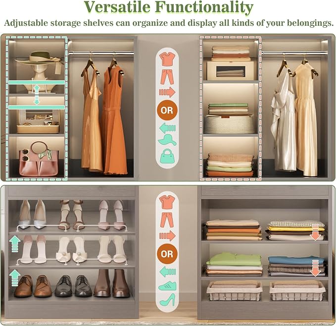 Besiost Small Closet System, 28"/2.3 FT Wood Closet Organizer System with Drawers and Shelves, Walk-in Closet Systems for Small Closets, Free Standing Reach in Closets Tower, Morandi Grey