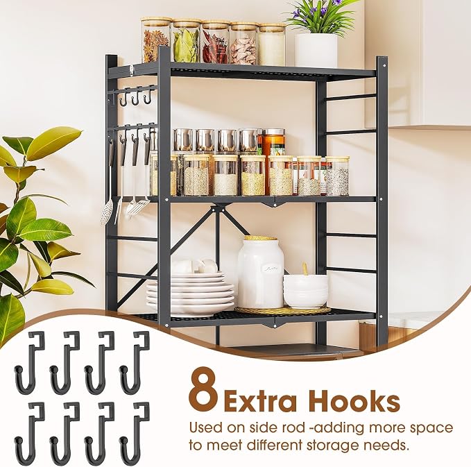Fenbeli Foldable Shelves with Wheels - 5 Tier Folding Shelf, Collapsible No Assembly Metal Shelving Unit, Origami Storage Shelves & Rolling Storage Rack with 8 Hooks for Kitchen Pantry Garage