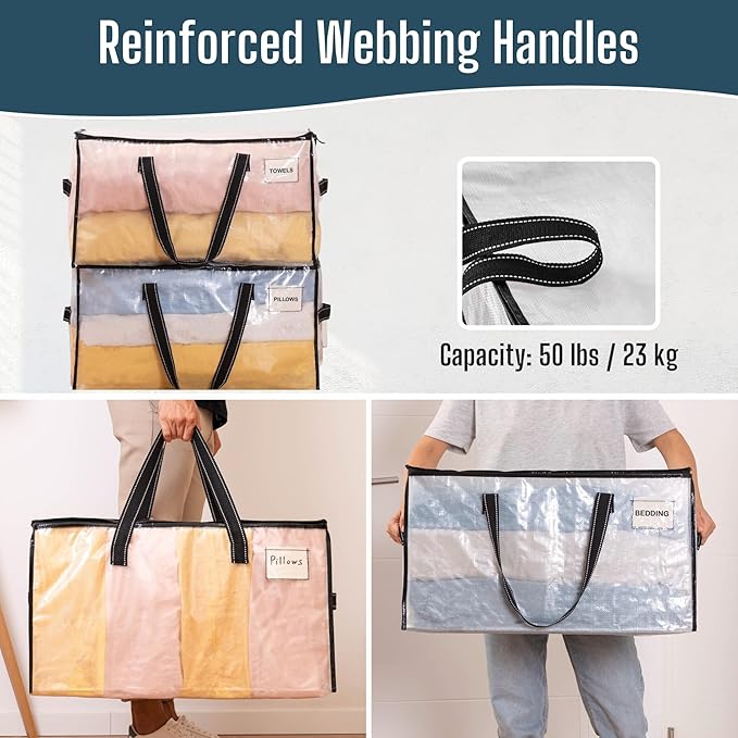 VENO 2 Pack Heavy Duty Moving Bags, Clear Storage Bags for Clothes and Comforters, College Dorm Essentials Packing Supplies, Foldable Boxes Alternative (Clear, 2 Pack)