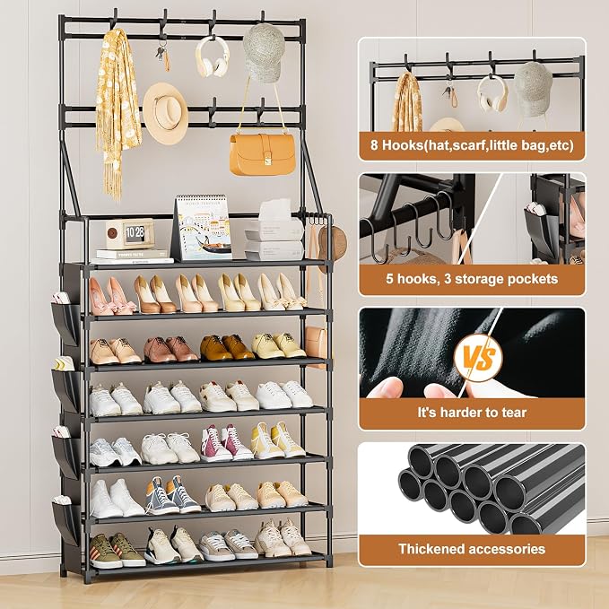 OYREL Shoe Rack 7 Tier Sturdy Shoe Racks Organizer for Closet | 28-35 Pairs Large Capacity Shoe Storage Rack with Multifunctional 5 Hooks and Side Pocket for Entrance Entryway