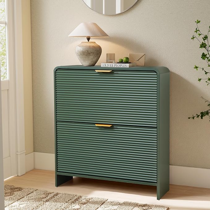 RARZOE Fluted Shoe Cabinet Storage for Entryway, 29.5'' Green | Curved Shoes Storage Cabinet with 2 Flip Drawers, Narrow Hidden Shoe Organizer Shoe Rack For Bedroom, Foyer, Hallway