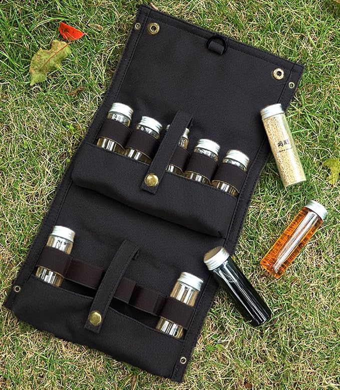 Travel Spice Kit, Portable Spice Bag with 10 Spice Jars, Canvas Seasoning Storage Bag Organizer, Seasoning Bottle Holder with Mini Condiment Bottle, Condiment Container Set for Camping BBQ(Black)