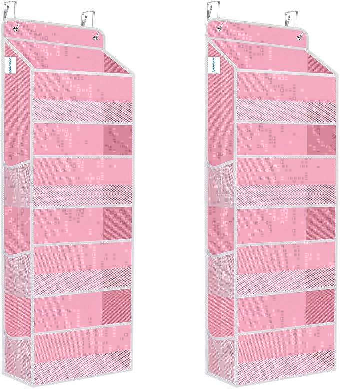 SpaceHacks 2 Pack Over The Door Organizer Hanging Storage Organizers with Clear Window 40lb Large Capacity Room Organizer for Pantry Laundry Bathroom Nursery Closet(Pink)