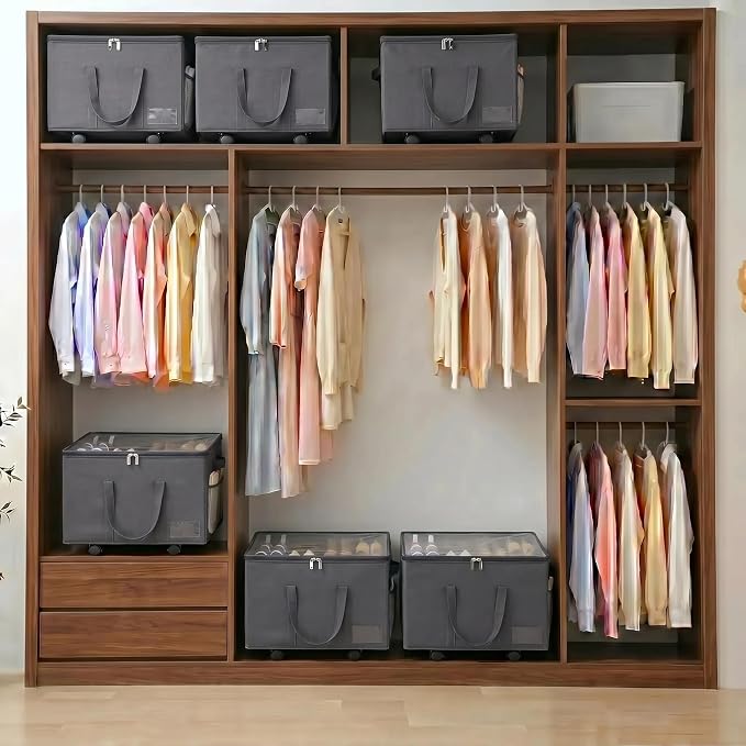 Large Shoe Organizer for Closet, 16 Pairs Shoe Storage Box with 360° Wheels & Reinforced Handles, Adjustable Dividers, Clear Cover, Side Pocket, Foldable Oxford Fabric Bin for Entryway, Grey