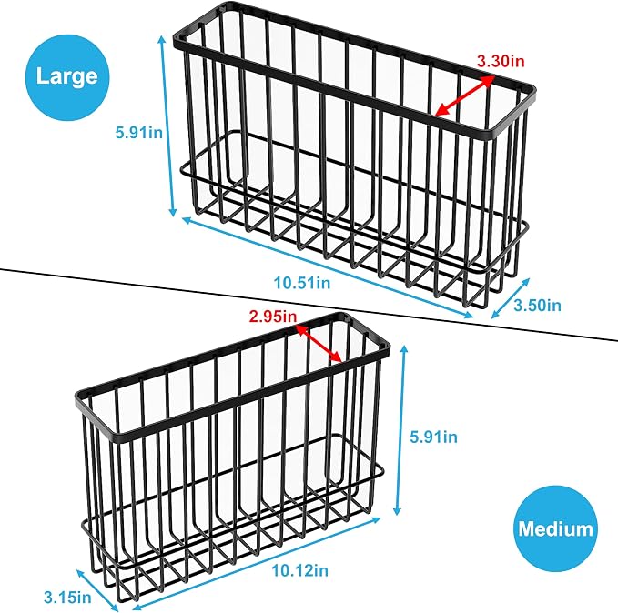 Cabinet Door Organizer Basket 2 Pack, Foil and Plastic Wrap Organizer with 2 Sponges, Lid Organizers Inside Cabinet, Metal Basket for Kitchen Organizers and Storage, Utility, Black (Medium,Large)