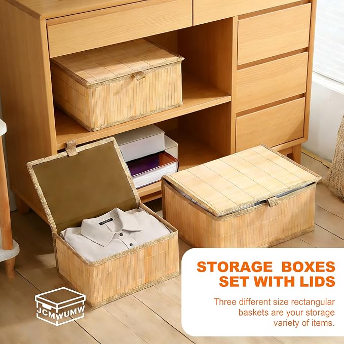 3 Pack Bamboo Decorative Shelf Basket,Woven Storage Boxes with Lined，Nesting Lidded Box with Lids for Toys,Cosmetics,Office,sundries,Closet,natural & eco-friendly bamboo storage organizers
