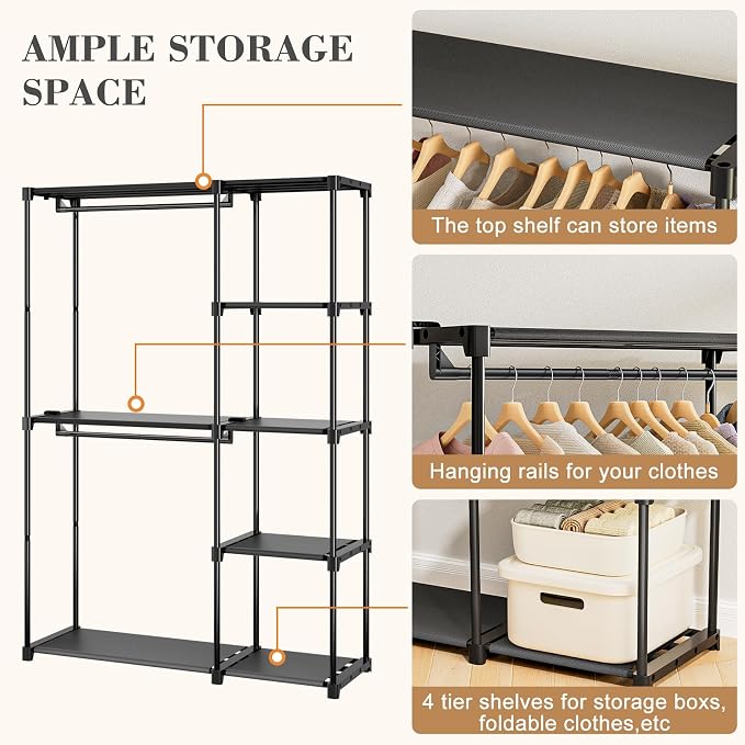 Neatrays Portable Closet, Freestanding Wardrobe Closet Organizers and Storage,Open Clothing Racks for Hanging Clothes with 4 Shelves and 2 Hanging Rods，47.8x15.8x63.4 Inches