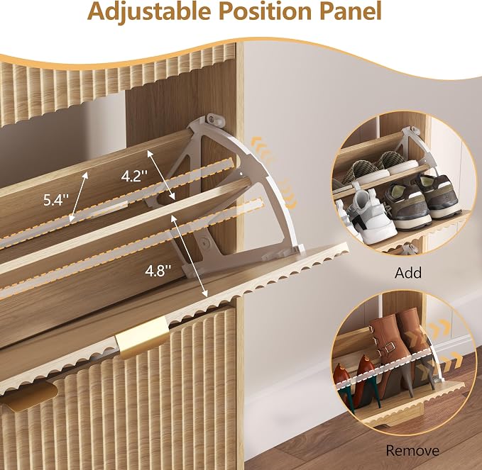 HUANLEGO Shoe Cabinet Storage for Entryway with 4 Flip Drawers, Oak Fluted Shoe Cabinet with Adjustable Shelves, Wooden Hidden Shoes Rack Freestanding Narrow Slim Shoes Storage for Hallway, Entrance