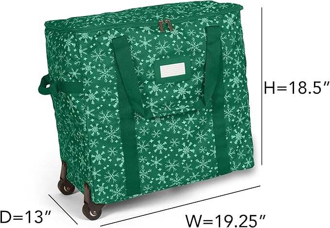 Covermates Keepsakes Rolling Adjustable Ornament Storage Bag – Heavy-Duty Polyester, FlexGrid Trays & Padded Dividers – Protective Holiday Organizer with Wheels, Handles & ID Window, Green Snowflake