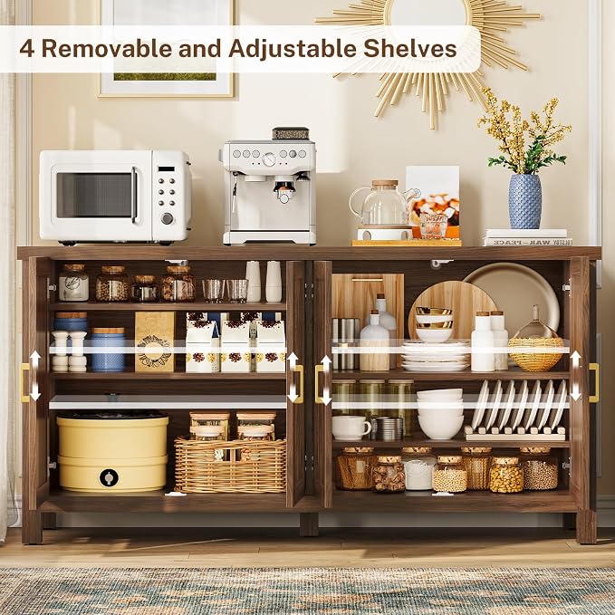 usikey Buffet Cabinet with Storage, 55" Fluted Sideboard Cabinet with 4 Adjustable Shelves, Modern Coffee Bar with 4 Doors, Coffee Bar Cabinet for Kitchen, Walnut