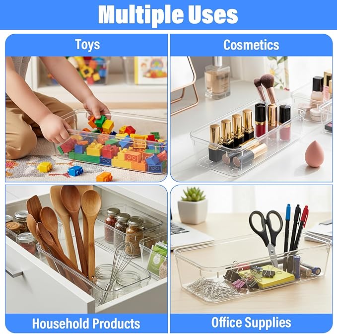 14PCS Vanity Drawer Organizer, 9 x 3 x 2 Inch Clear Plastic Silverware Utensil Organizers Bins, Versatile Desk Tray Drawers Dividers for Makeup Jewelry Kitchen Bathroom and Office Organization