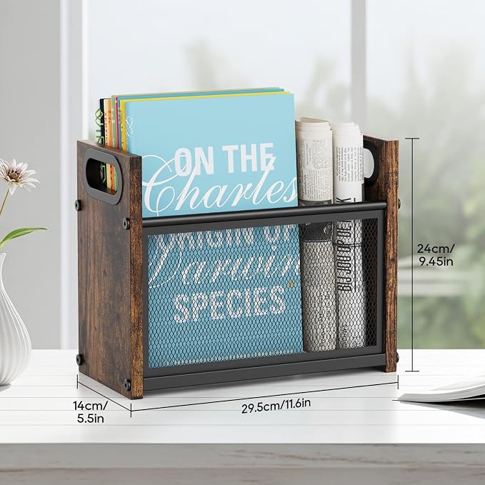 Rustic Magazine Holder, Wood Magazine Rack Floor, Magazine Storage Basket, Mesh Magazine File Holder, Magazine Holders for Shelves，Magazine Stand for Desk, Folder Organizer Bin for Magazines
