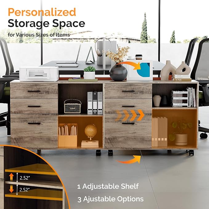 VINGLI 3 Drawer Wood Lateral File Cabinet with Adjustable Shelves & Locking Wheels, Printer Stand with Drawers for Letter Files, Sturdy File Cabinets for Home Office, Study & Business, Rustic Gray
