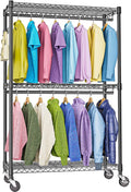 M MZG Heavy Duty Rolling Garment Rack 3 Tiers Adjustable Wire Shelving Clothes Rack with 2 Rods and Side Hooks,Storage Closet Clothing Rack with Wheels Black 15.7" D x 45.3" W x 79.6" H